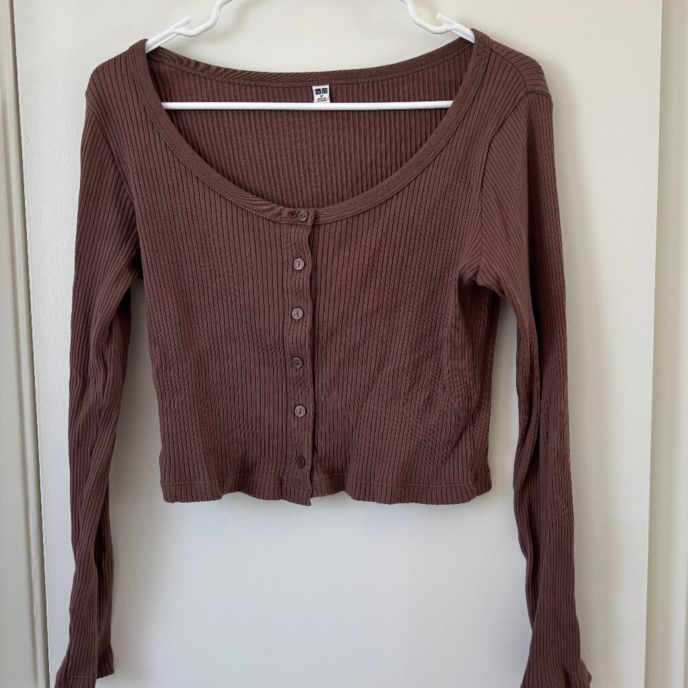 Uniqlo Long-sleeve Button Down Crop - M - Brown